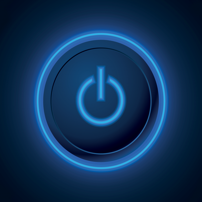 An on button glowing neon blue.