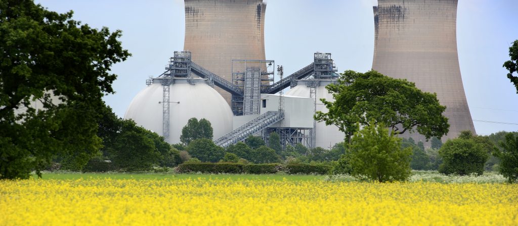 Biomass storage domes and water cooling towers at Drax Power Station in North Yorkshire